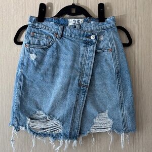 We The Free Parker Asymmetrical Criss Cross Distressed Denim Mini Skirt